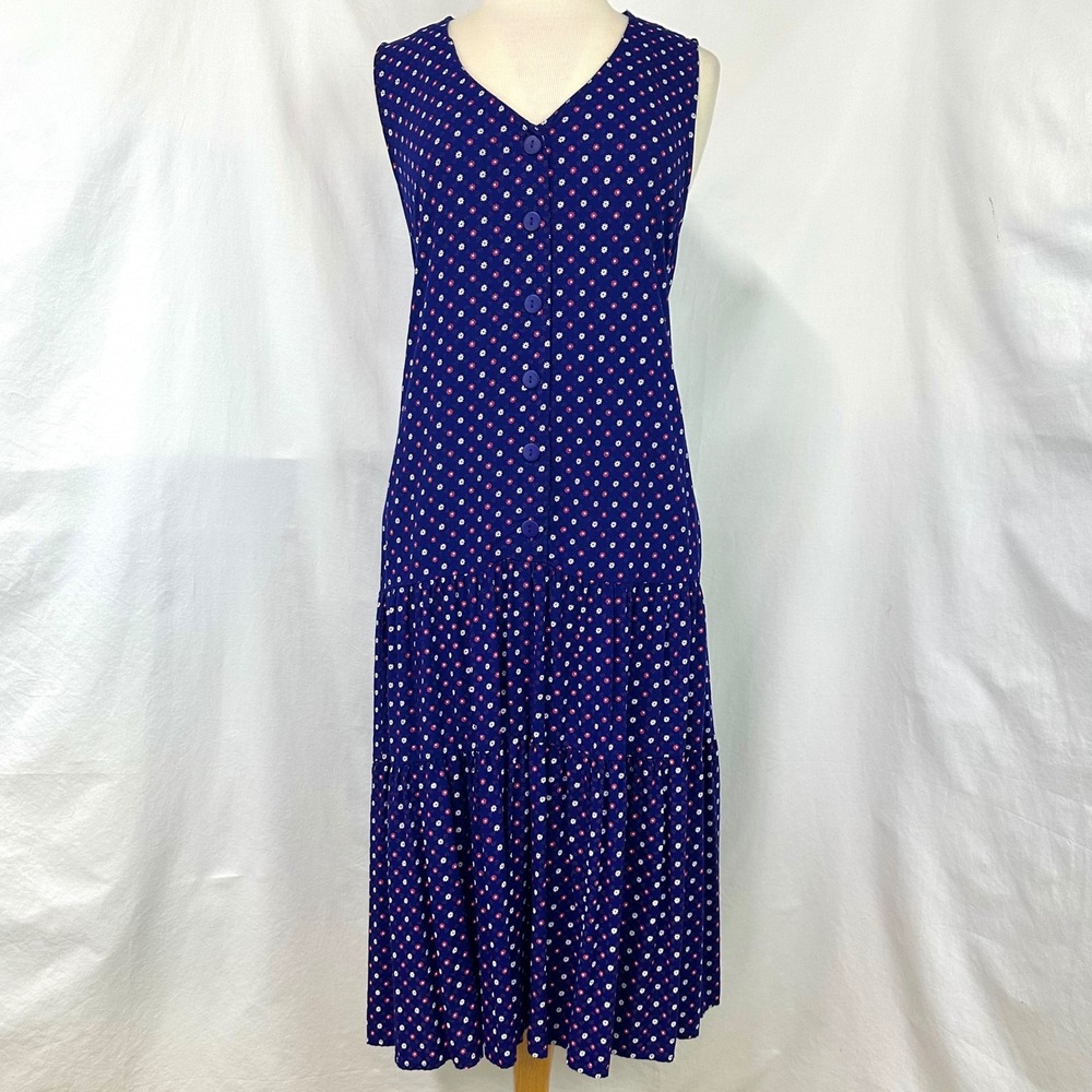APRIL CORNELL Navy Ditsy Floral Tiered Sleeveless Midi Dress L Tie Back Cottage